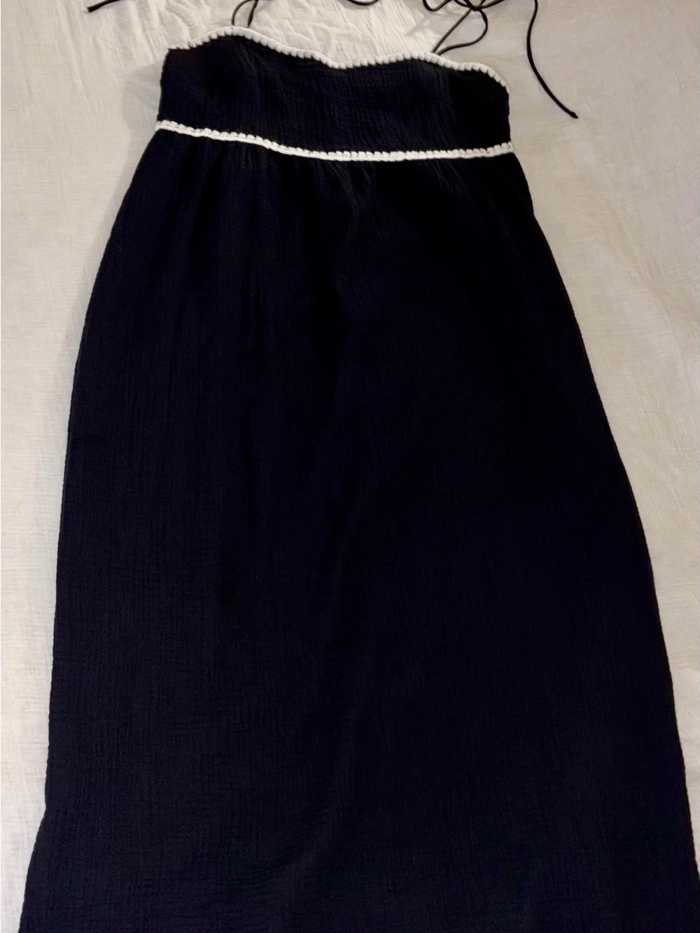Black maxi style dress with white trim & adjustable straps